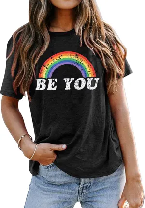 Rainbow Shirt Women Pride Shirt Rainbow Graphic Tees Shirts Letter Print Casual Short Sleeve Tops