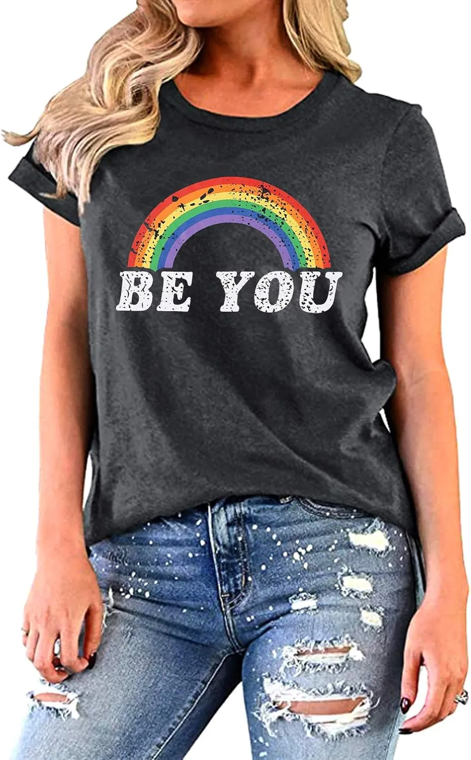 Rainbow Shirt Women Pride Shirt Rainbow Graphic Tees Shirts Letter Print Casual Short Sleeve Tops