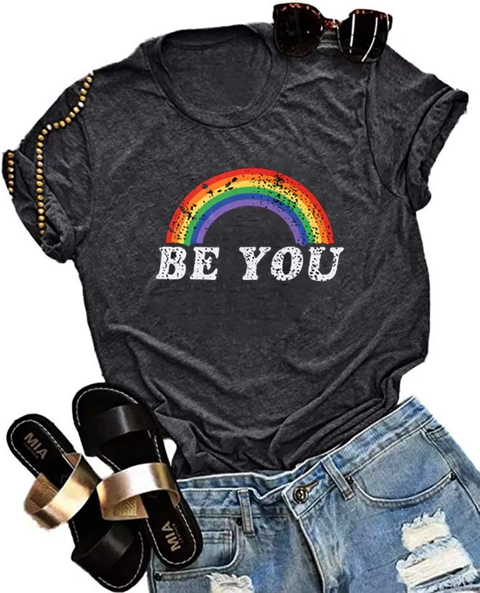 Rainbow Shirt Women Pride Shirt Rainbow Graphic Tees Shirts Letter Print Casual Short Sleeve Tops