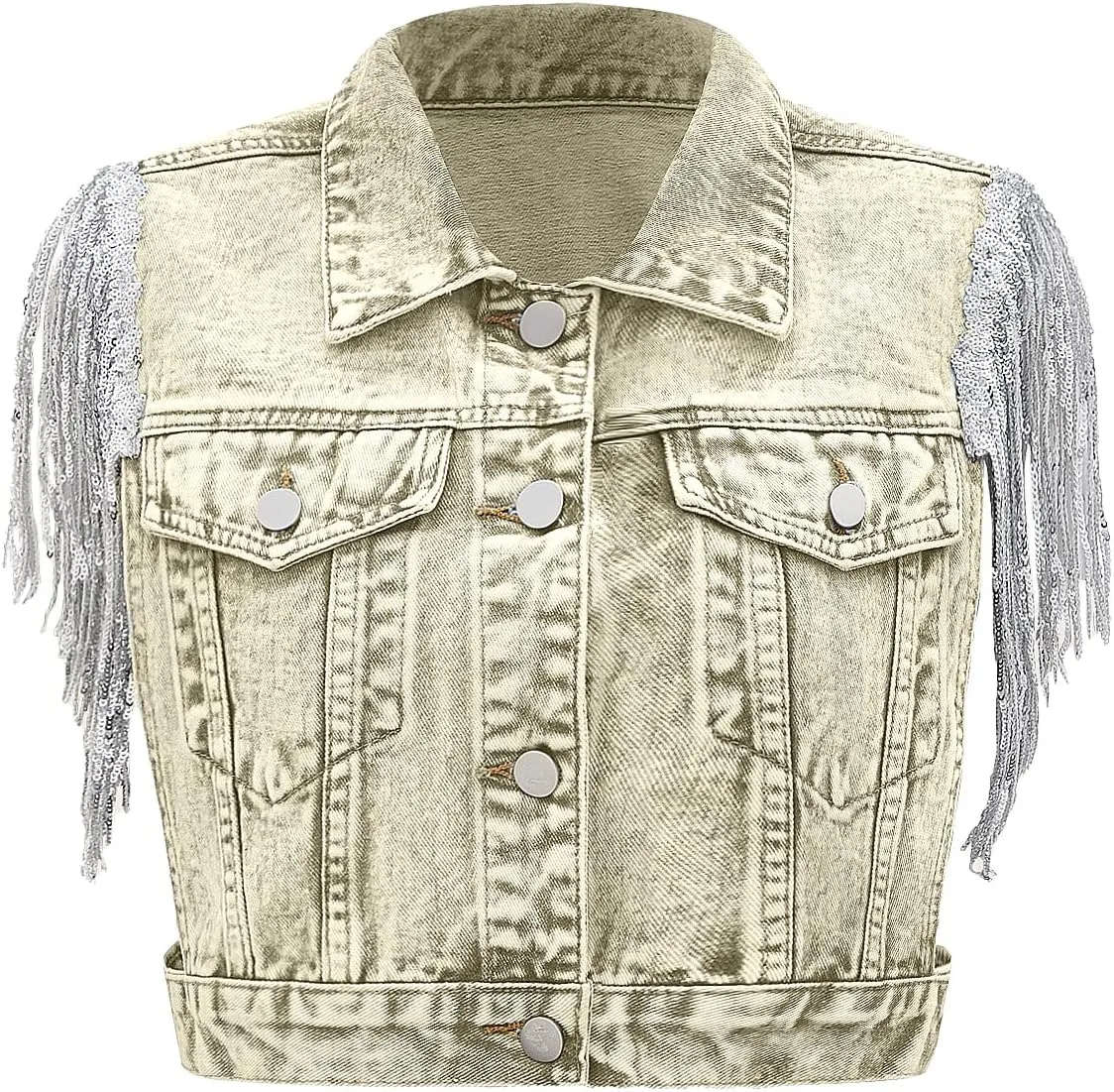 SweatyRocks Women's Fringe Button Down Crop Denim Jacket Sleeveless Collared Jean Coats