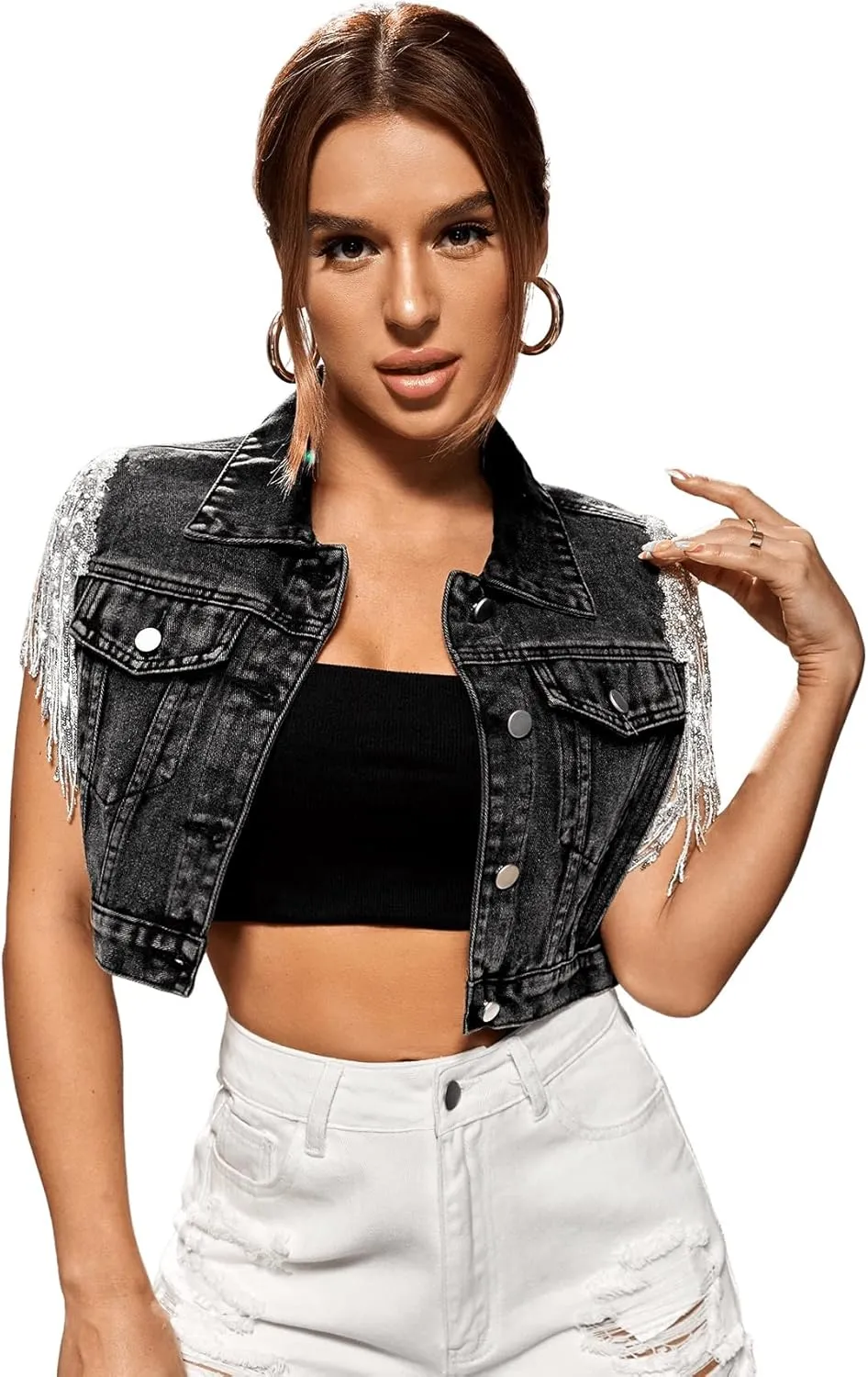 SweatyRocks Women's Fringe Button Down Crop Denim Jacket Sleeveless Collared Jean Coats