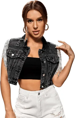 SweatyRocks Women's Fringe Button Down Crop Denim Jacket Sleeveless Collared Jean Coats
