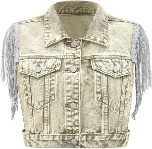 SweatyRocks Women's Fringe Button Down Crop Denim Jacket Sleeveless Collared Jean Coats
