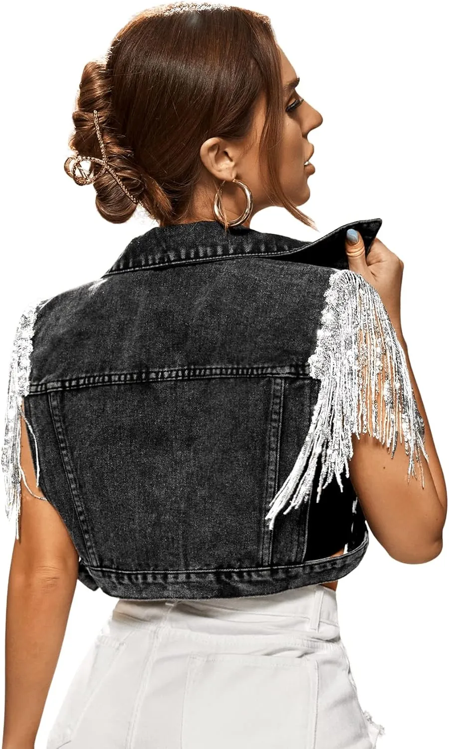SweatyRocks Women's Fringe Button Down Crop Denim Jacket Sleeveless Collared Jean Coats