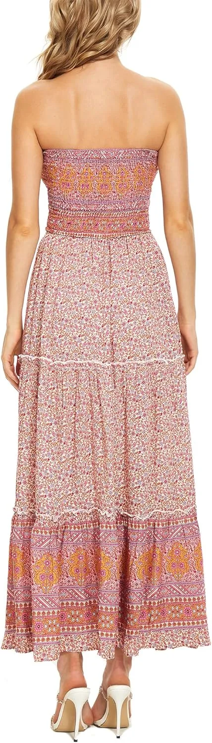 Tsher Women's Strapless Bohemian Beach Maxi Dress Casual Tube Top Long Dress Summer Sundress 0215
