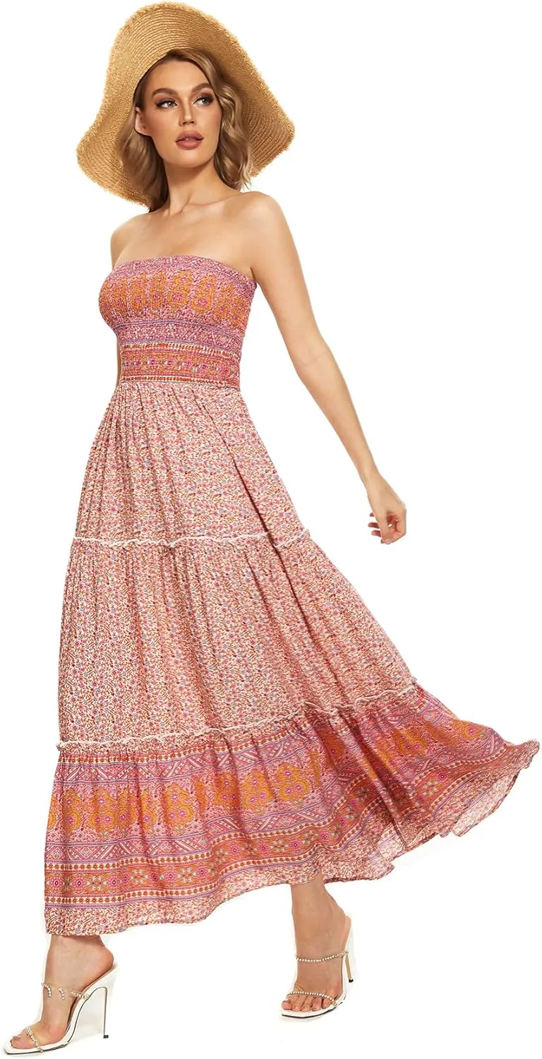 Tsher Women's Strapless Bohemian Beach Maxi Dress Casual Tube Top Long Dress Summer Sundress 0215