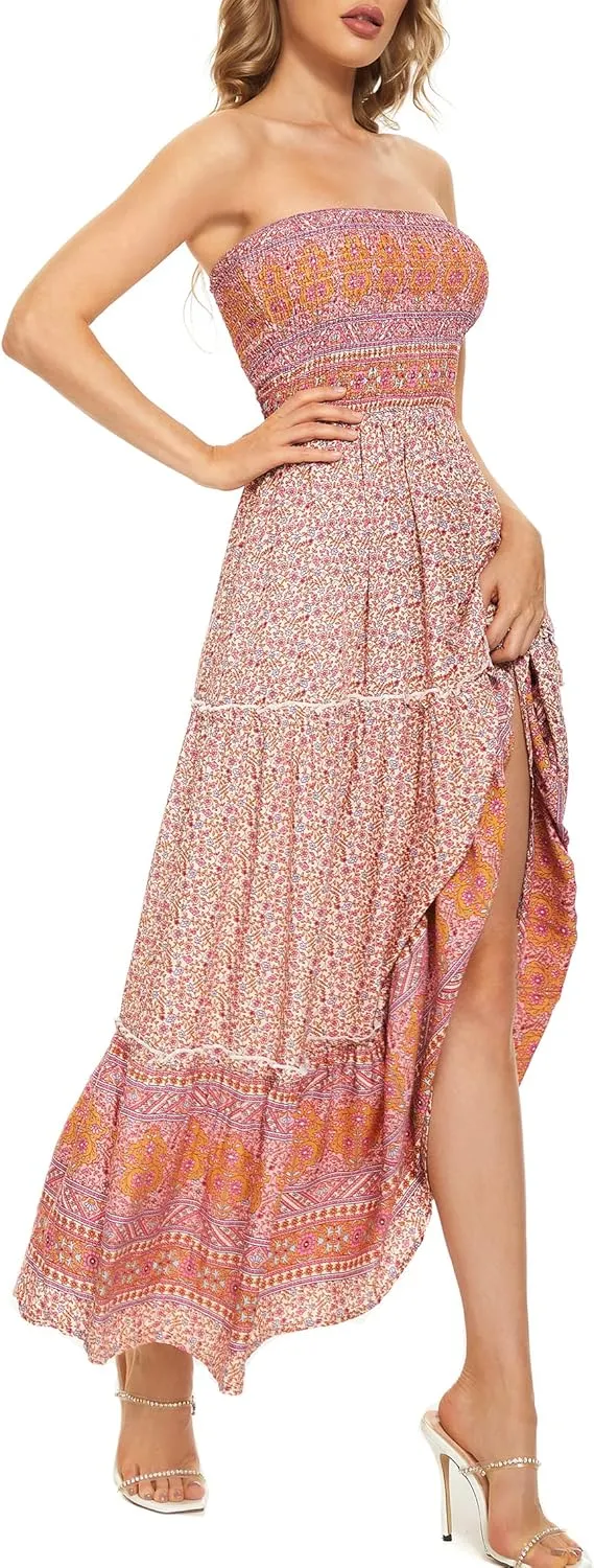 Tsher Women's Strapless Bohemian Beach Maxi Dress Casual Tube Top Long Dress Summer Sundress 0215