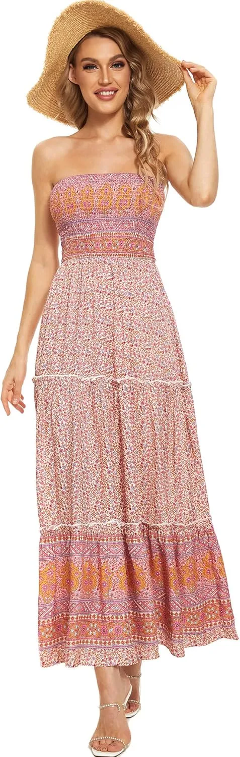Tsher Women's Strapless Bohemian Beach Maxi Dress Casual Tube Top Long Dress Summer Sundress 0215