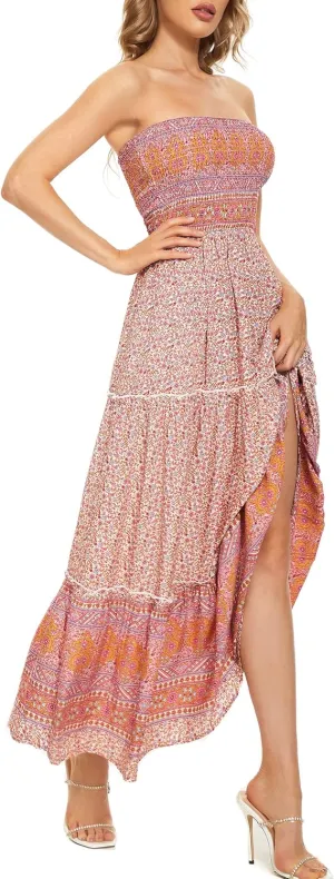 Tsher Women's Strapless Bohemian Beach Maxi Dress Casual Tube Top Long Dress Summer Sundress 0215