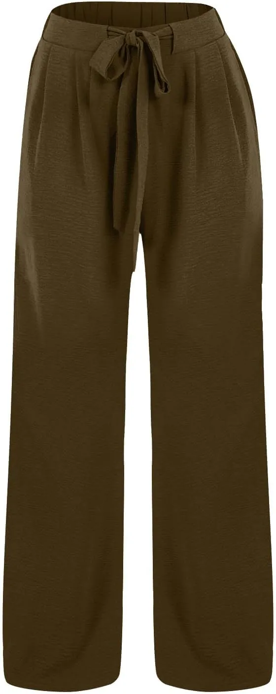Women Flowy Wide Leg Palazzo Pants High Waisted Travel Beach Lounge Pant Tie Knot Loose Summer Work Dressy Trousers