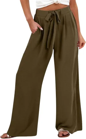 Women Flowy Wide Leg Palazzo Pants High Waisted Travel Beach Lounge Pant Tie Knot Loose Summer Work Dressy Trousers