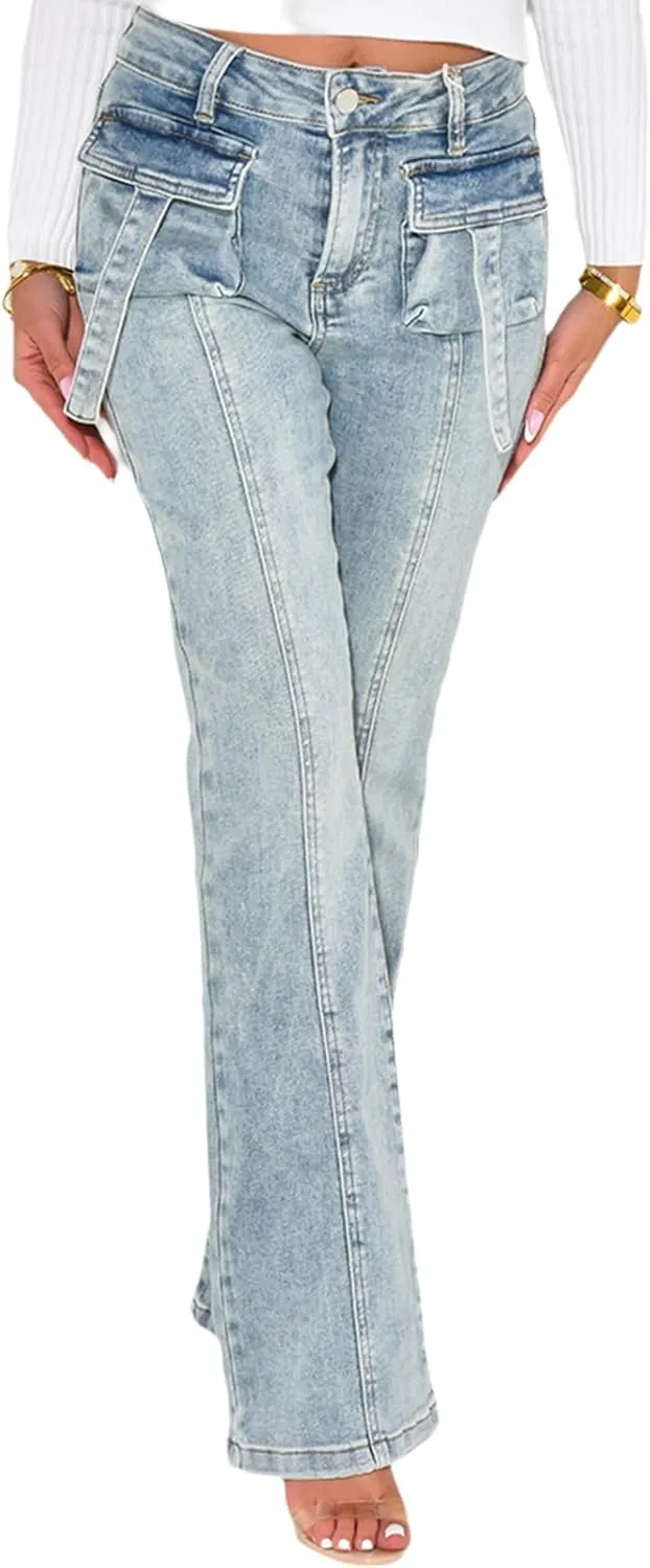 Women's Casual Denim Jeans Skinny Straight Leg High Waist Stretchy Denim Pants