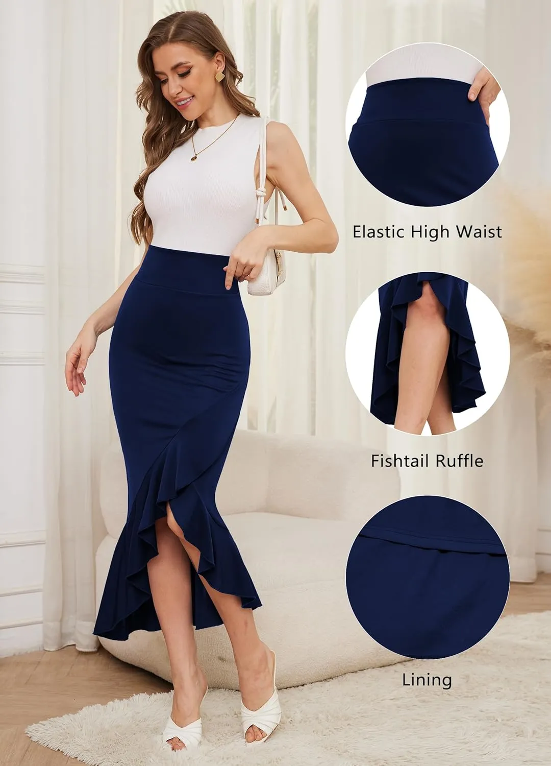 Women's Elegant Elastic High Waist Asymmetrical Fishtail Ruffle Split Office Bodycon Midi Business Pencil Skirt