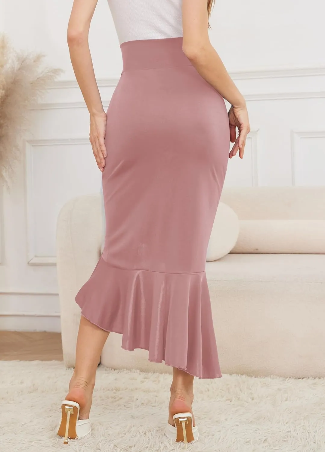 Women's Elegant Elastic High Waist Asymmetrical Fishtail Ruffle Split Office Bodycon Midi Business Pencil Skirt
