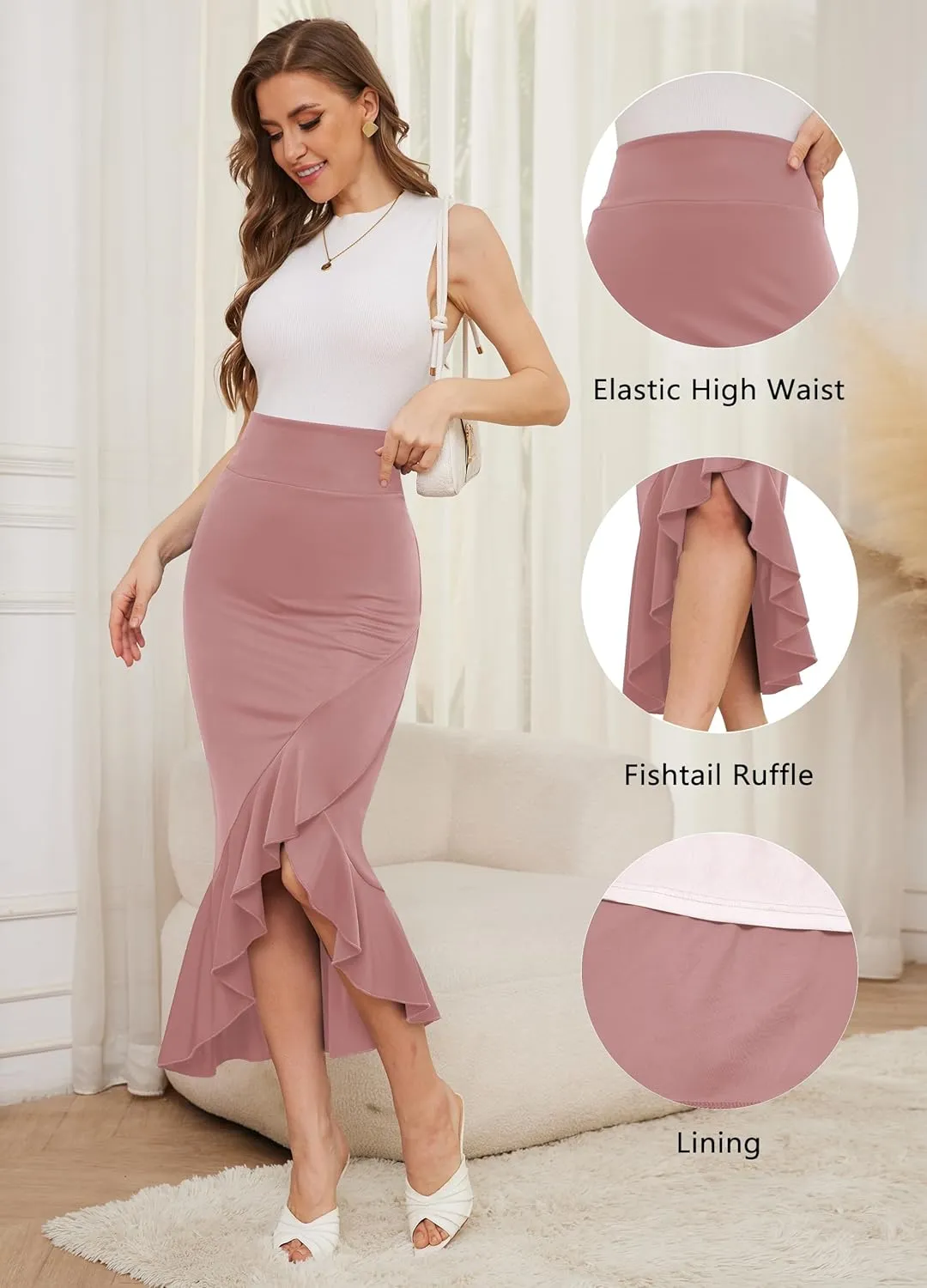 Women's Elegant Elastic High Waist Asymmetrical Fishtail Ruffle Split Office Bodycon Midi Business Pencil Skirt