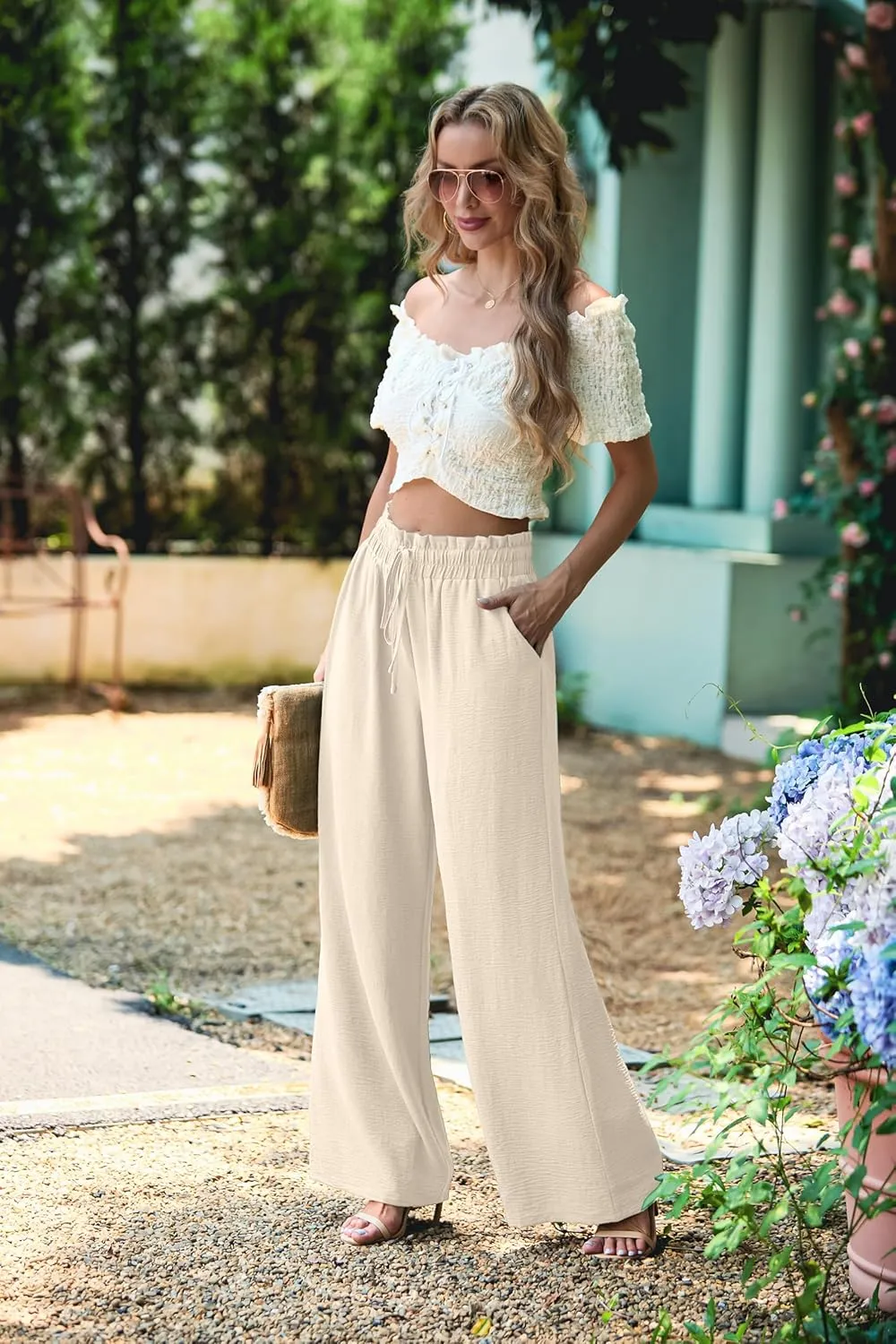 Women's High Waisted Wide Leg Pants Flowy Palazzo Pants Work Casual Tie Knot Pants with Pockets