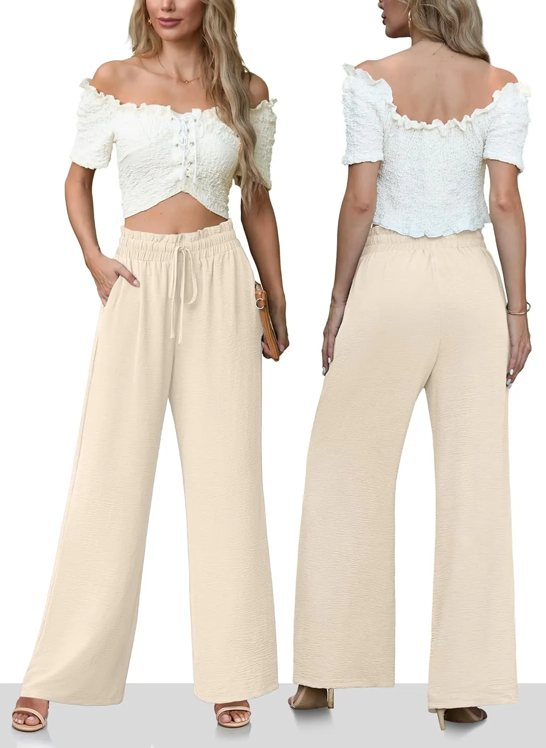 Women's High Waisted Wide Leg Pants Flowy Palazzo Pants Work Casual Tie Knot Pants with Pockets