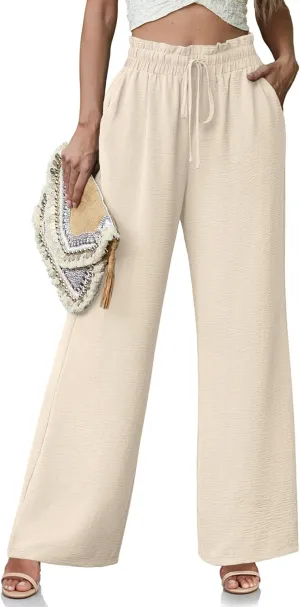 Women's High Waisted Wide Leg Pants Flowy Palazzo Pants Work Casual Tie Knot Pants with Pockets