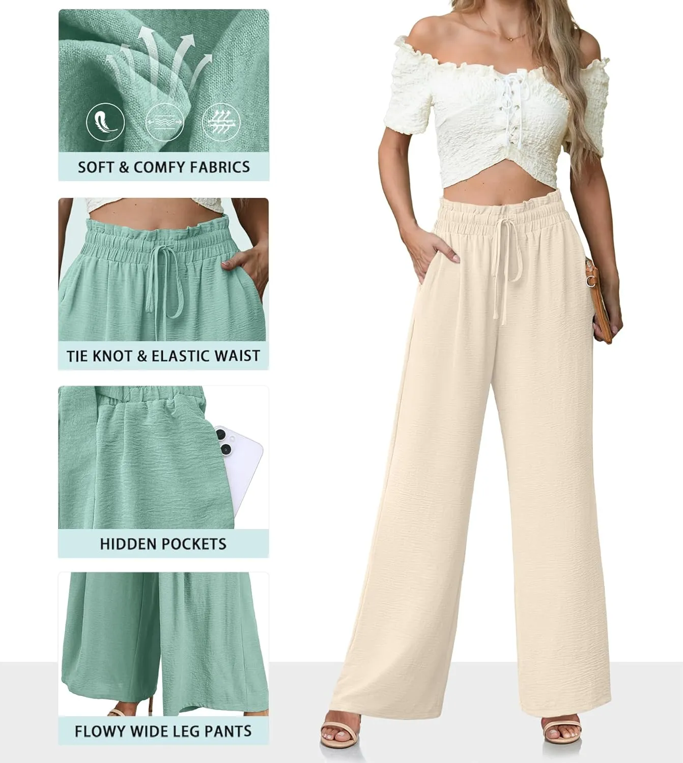 Women's High Waisted Wide Leg Pants Flowy Palazzo Pants Work Casual Tie Knot Pants with Pockets