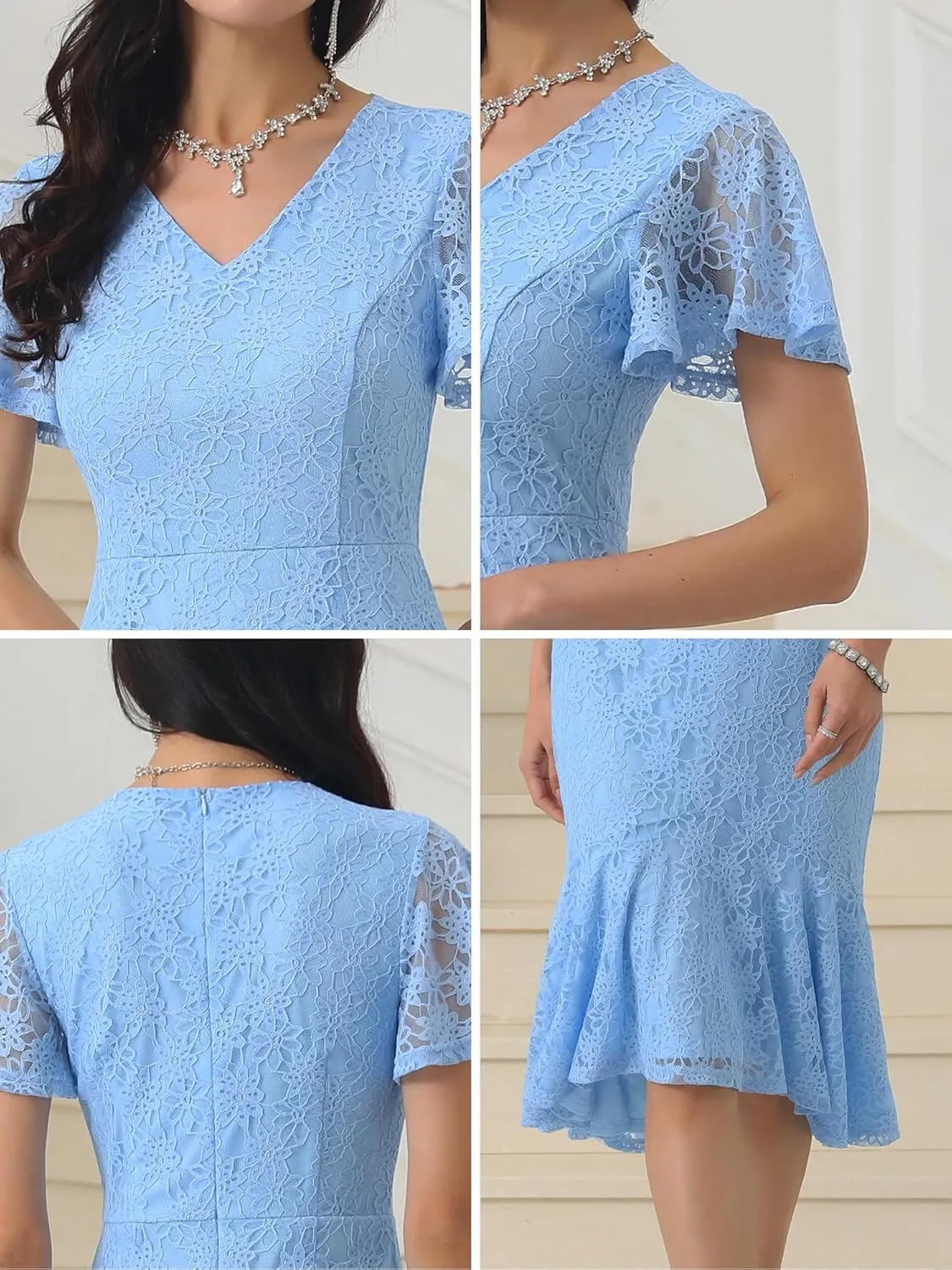 Womens' Lace Floral Dresses Fishtail Formal Cocktail Short Sleeve Midi Dress