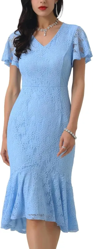 Womens' Lace Floral Dresses Fishtail Formal Cocktail Short Sleeve Midi Dress