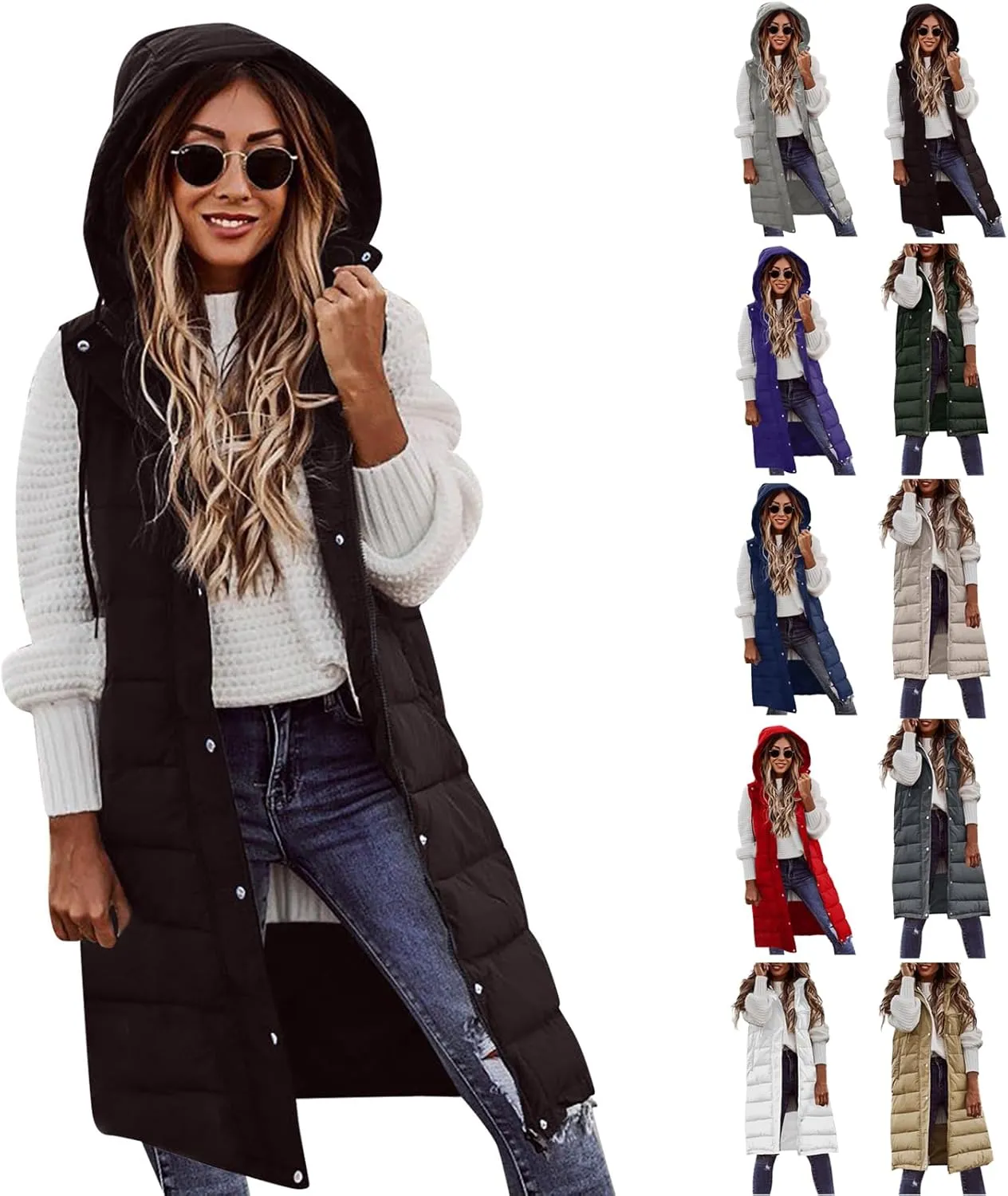 Womens Long Puffer Vest Winter Casual Sleeveless Full Zip Hooded Puffer Jacket Packable Lightweight Quilted Jacket Down Coats