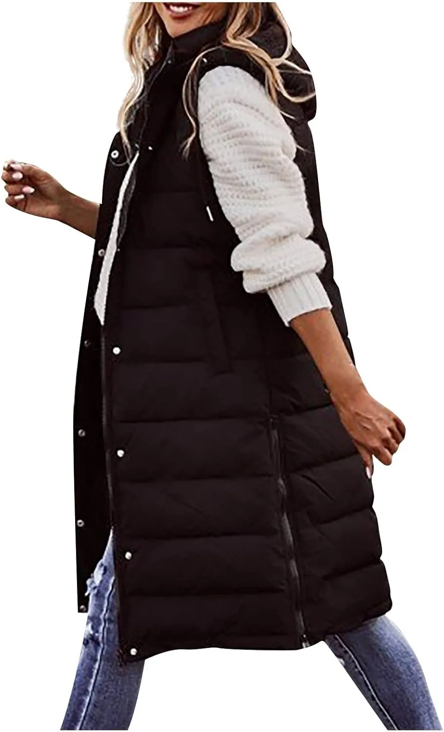 Womens Long Puffer Vest Winter Casual Sleeveless Full Zip Hooded Puffer Jacket Packable Lightweight Quilted Jacket Down Coats