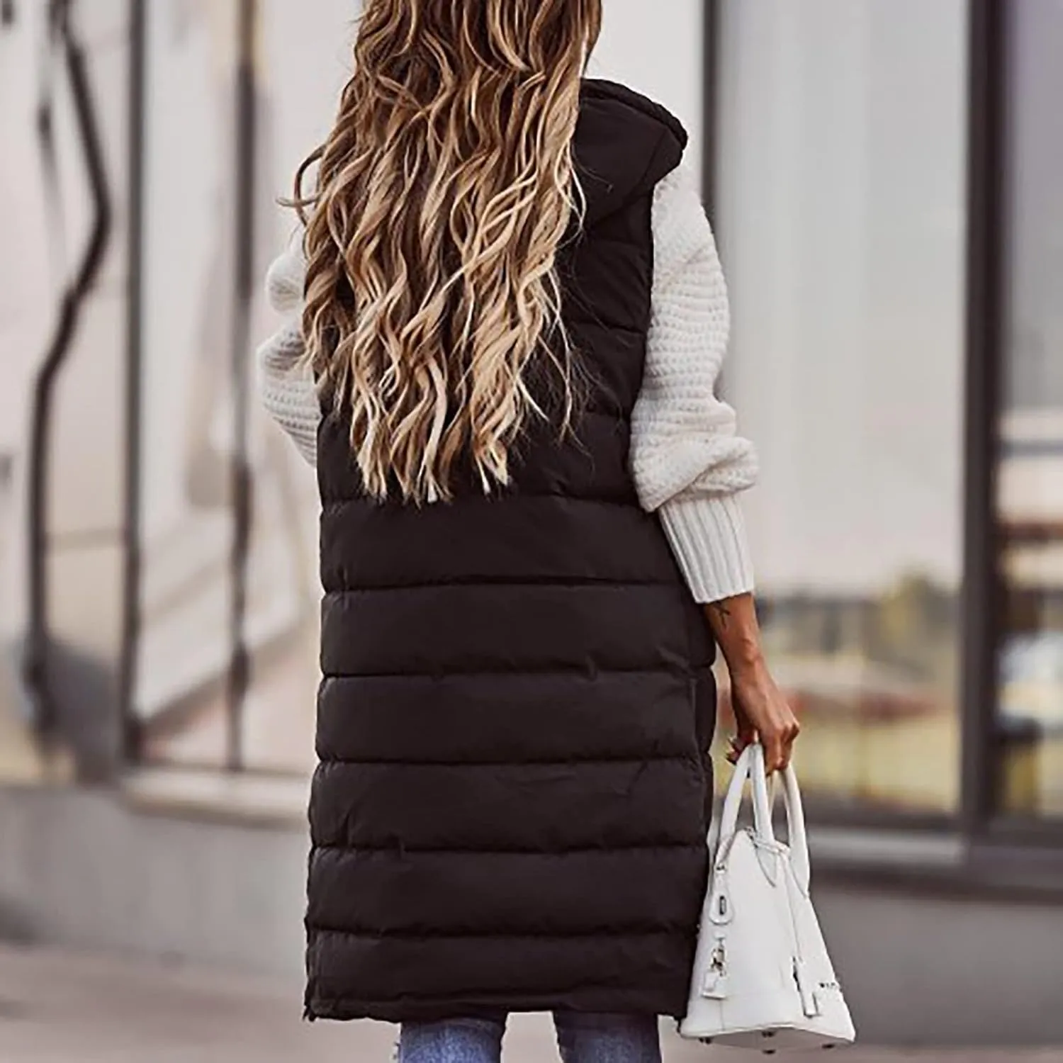 Womens Long Puffer Vest Winter Casual Sleeveless Full Zip Hooded Puffer Jacket Packable Lightweight Quilted Jacket Down Coats