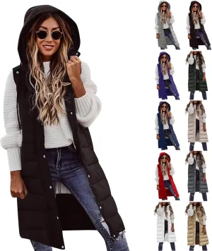 Womens Long Puffer Vest Winter Casual Sleeveless Full Zip Hooded Puffer Jacket Packable Lightweight Quilted Jacket Down Coats