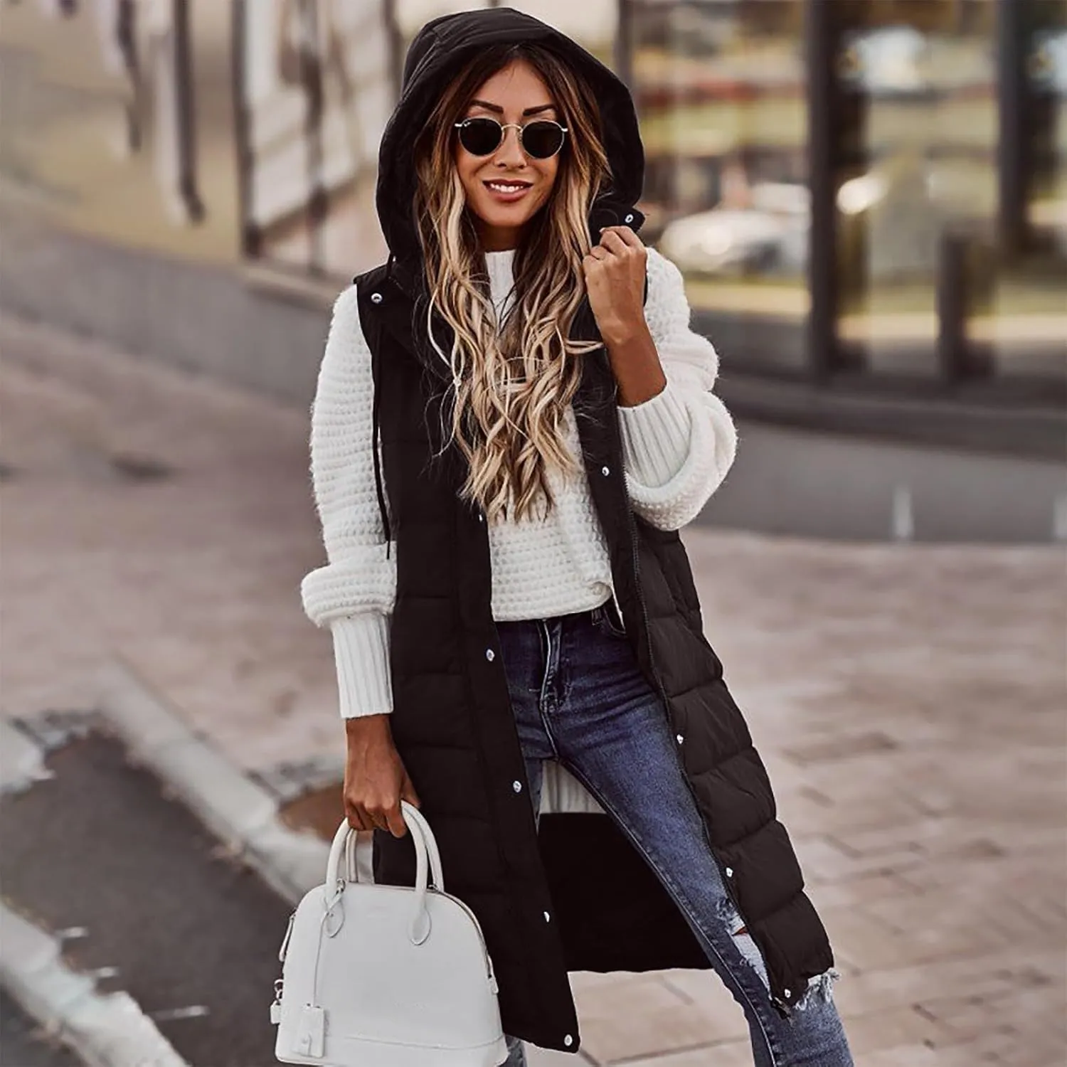 Womens Long Puffer Vest Winter Casual Sleeveless Full Zip Hooded Puffer Jacket Packable Lightweight Quilted Jacket Down Coats
