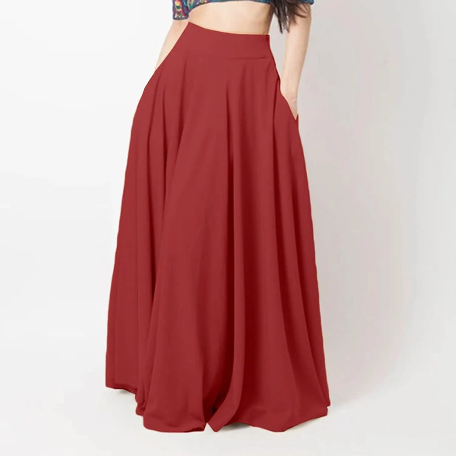 Women's Solid Color Pleated Long Skirt Casual Elastic High Waist Maxi Skirt Mopping Floor Length Skirt