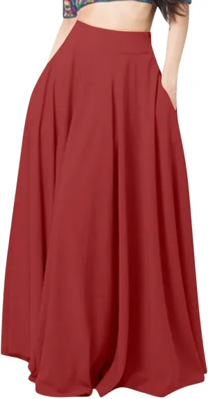 Women's Solid Color Pleated Long Skirt Casual Elastic High Waist Maxi Skirt Mopping Floor Length Skirt
