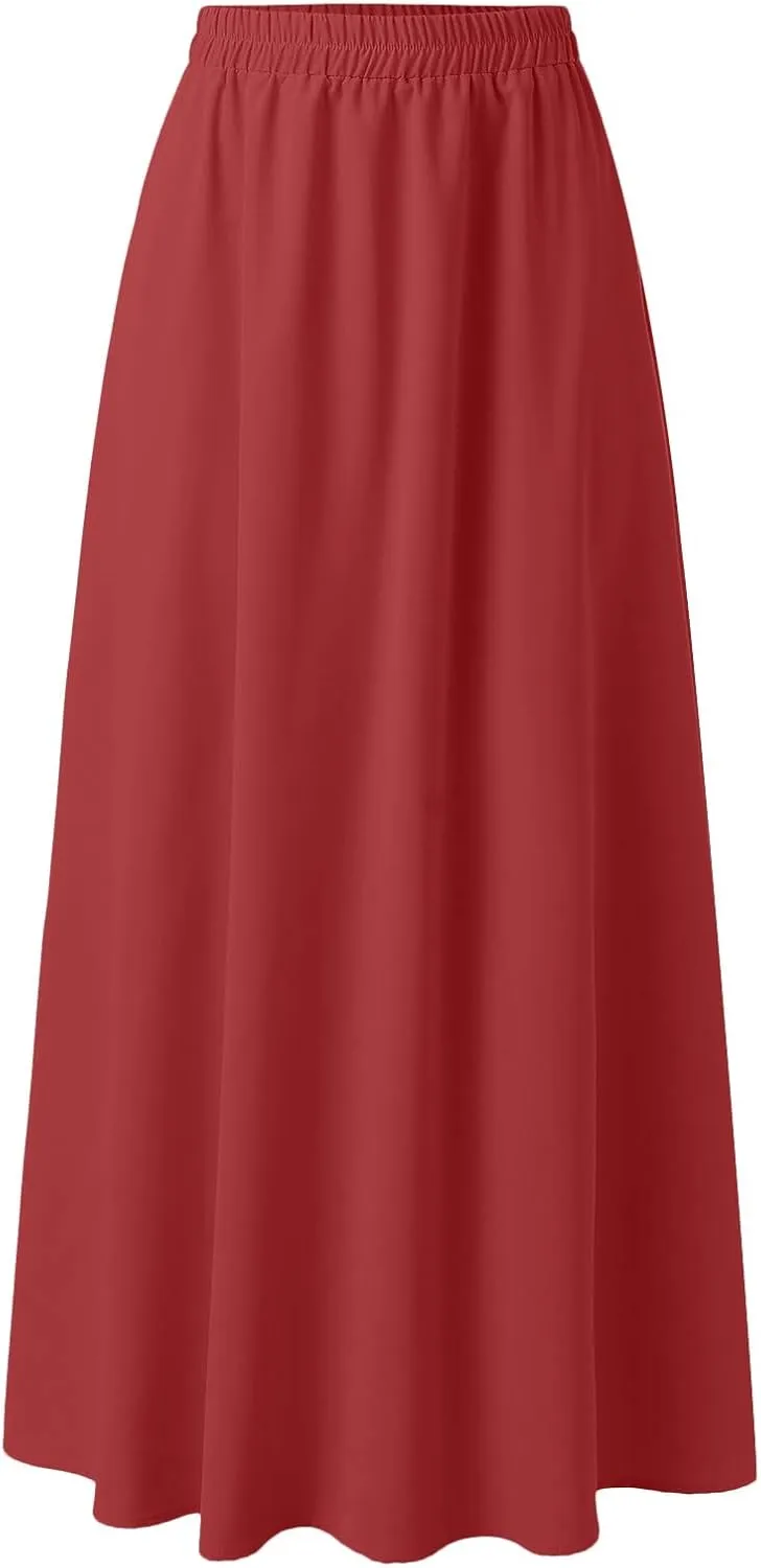 Women's Solid Color Pleated Long Skirt Casual Elastic High Waist Maxi Skirt Mopping Floor Length Skirt