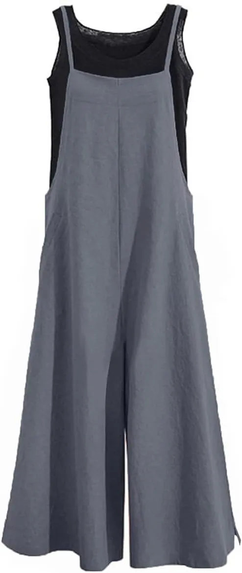 YESNO Women Casual Loose Long Bib Pants Wide Leg Jumpsuits Baggy Cotton Rompers Overalls with Pockets PZZTYP2
