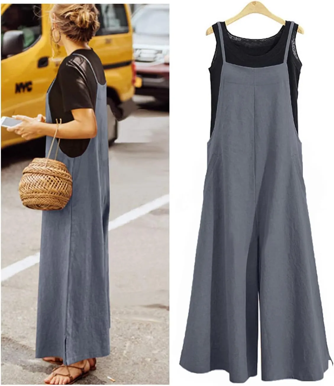 YESNO Women Casual Loose Long Bib Pants Wide Leg Jumpsuits Baggy Cotton Rompers Overalls with Pockets PZZTYP2