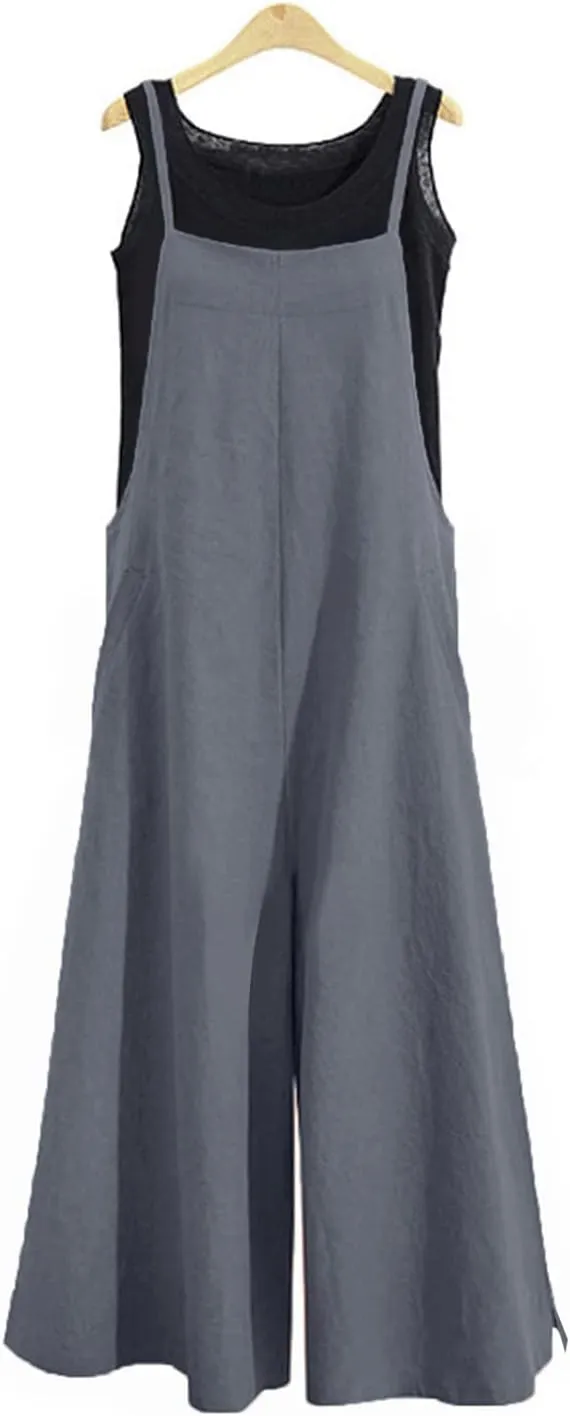 YESNO Women Casual Loose Long Bib Pants Wide Leg Jumpsuits Baggy Cotton Rompers Overalls with Pockets PZZTYP2