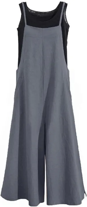 YESNO Women Casual Loose Long Bib Pants Wide Leg Jumpsuits Baggy Cotton Rompers Overalls with Pockets PZZTYP2