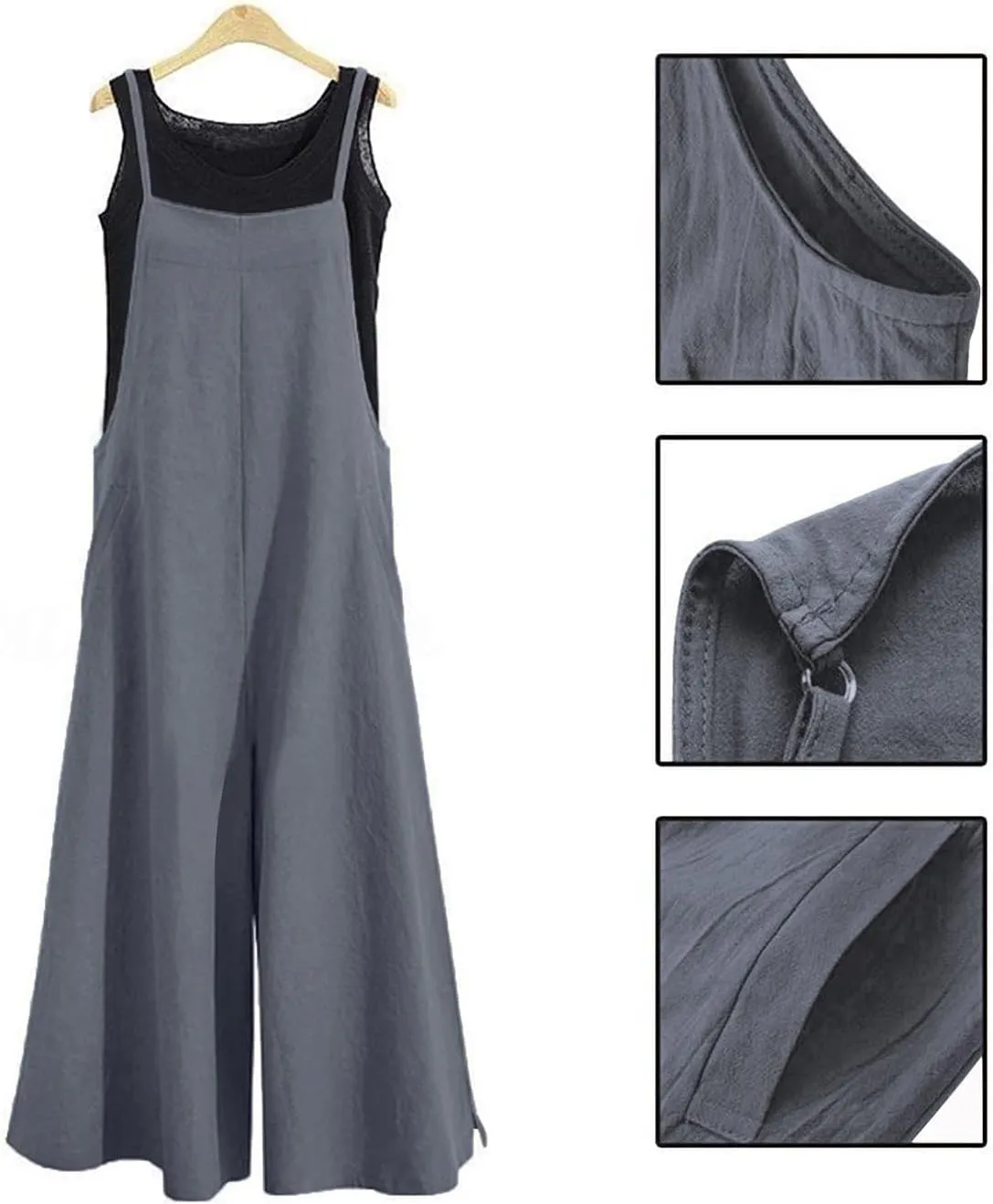 YESNO Women Casual Loose Long Bib Pants Wide Leg Jumpsuits Baggy Cotton Rompers Overalls with Pockets PZZTYP2